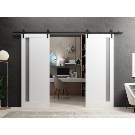 Sartodoors Sturdy Dbl Barn Door 64 x 84in W/, Painted White W/ Frosted Glass, 13FT Rail Hangers Heavy Set PLANUM0660DB-BEM-6484